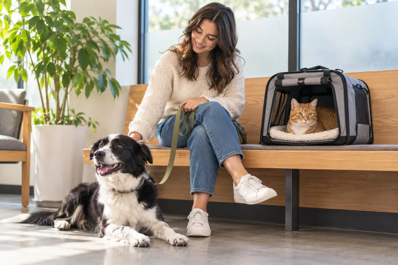 Owner seated in a veterinary waiting area with a dog and a cat in a carrier
